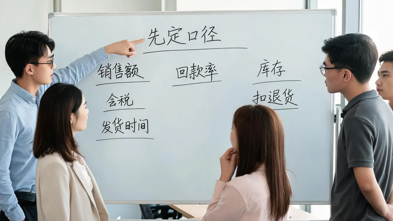 团队在办公室白板前梳理经营核心指标口径