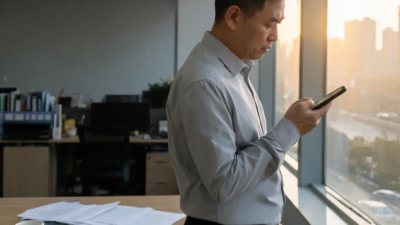 老板清晨在办公室用手机查看经营数据的场景