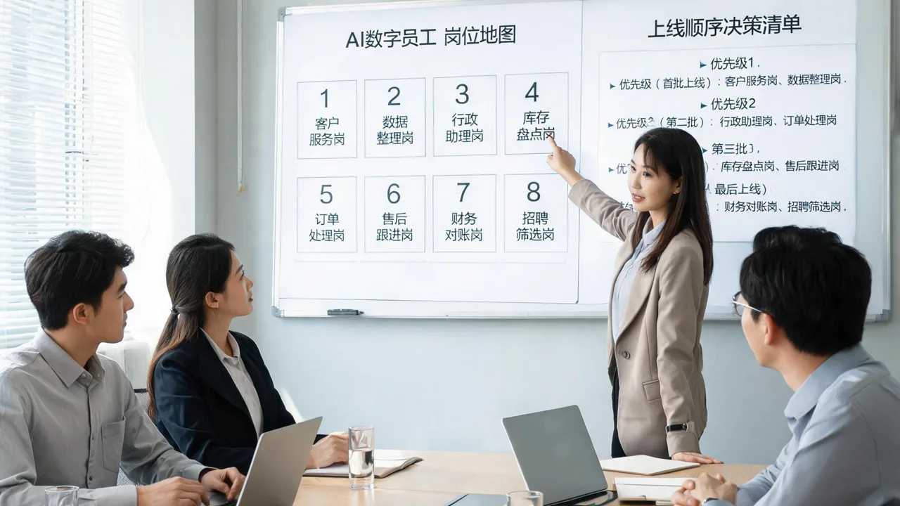 AI 数字员工 8 个岗位地图与上线顺序决策清单信息图