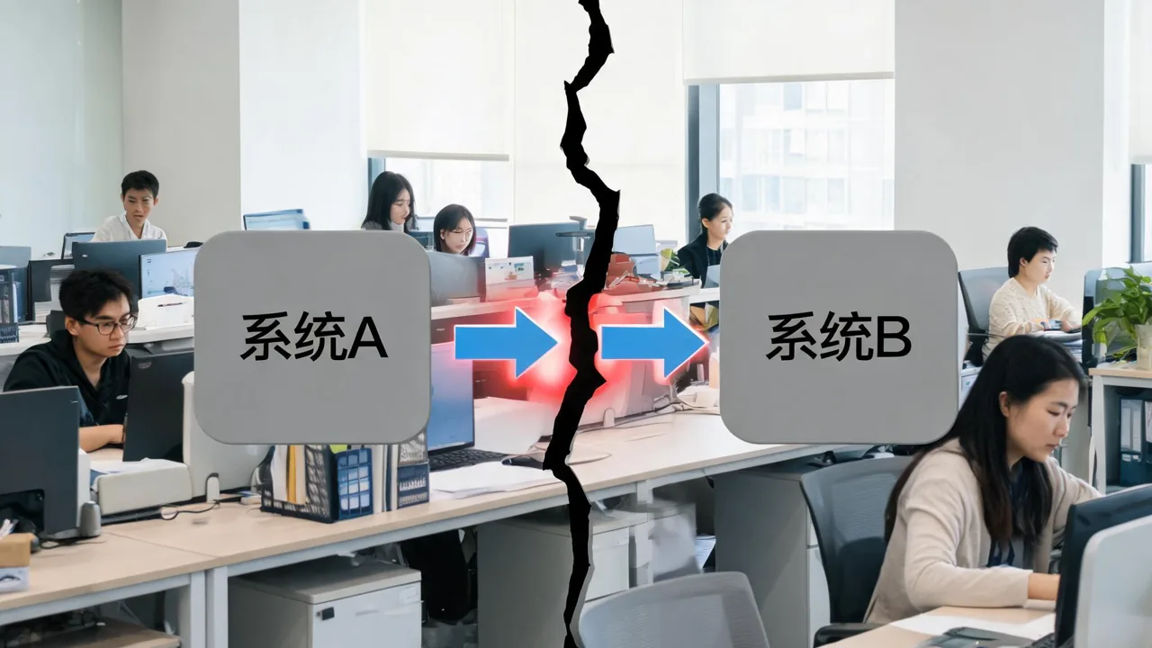 两个系统之间数据断层导致信息传不过去的示意场景