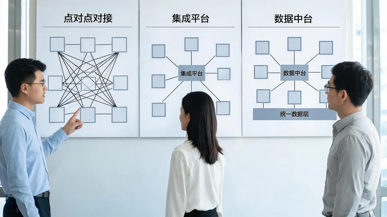 点对点对接、集成平台、数据中台三种系统打通方式的结构对比示意图