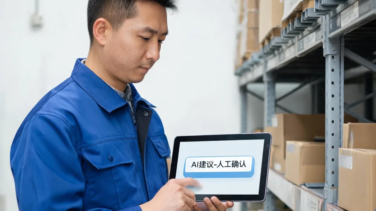 仓库管理员在平板上确认 AI 生成的单据，旁边是货架