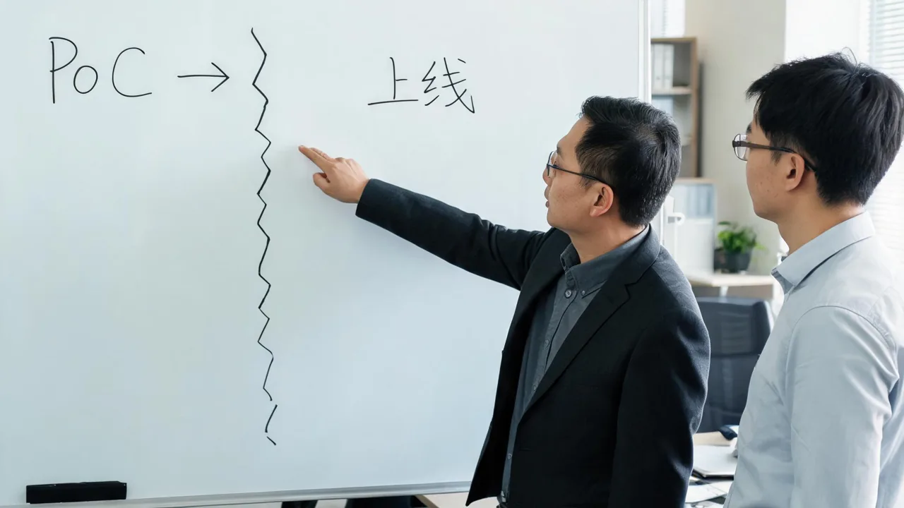 老板和数字化负责人在办公室白板前讨论 AI 项目进度