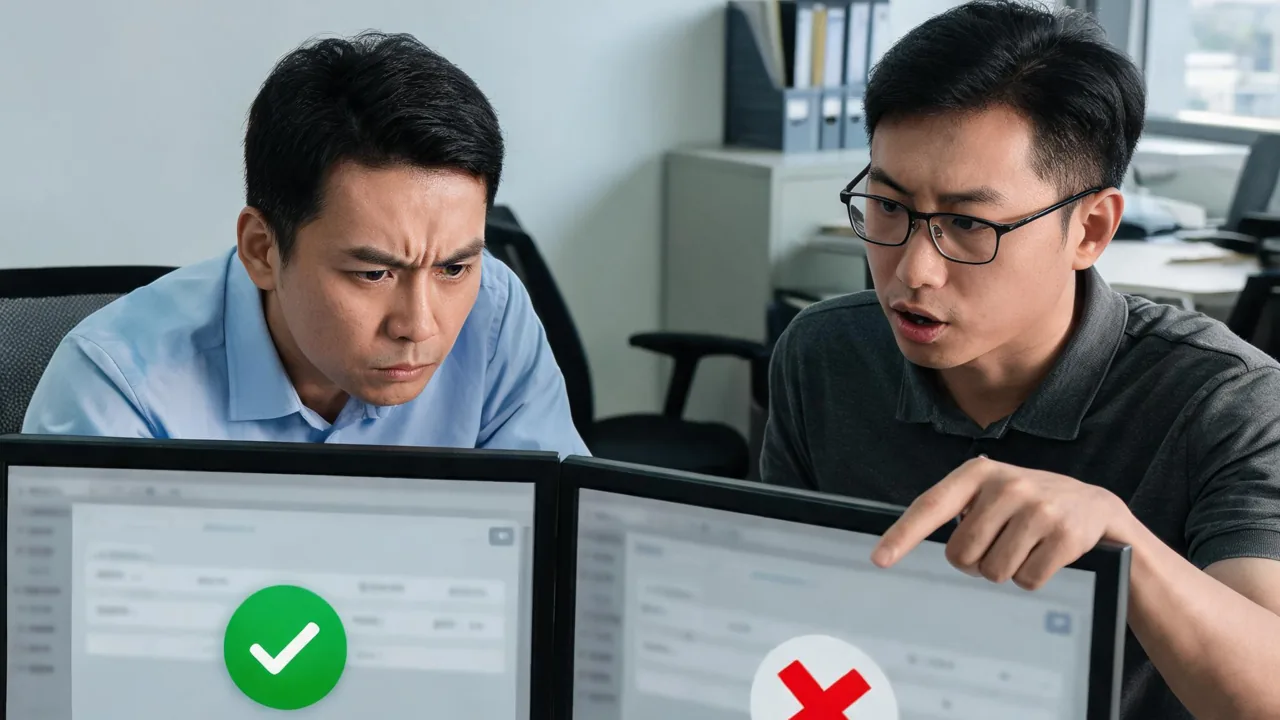 老板和IT负责人在办公室对着两块屏讨论钉钉与金蝶数据对不上的问题