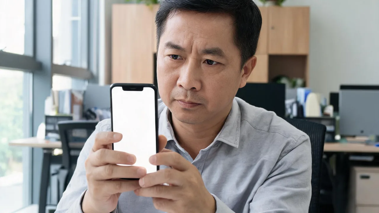 一位中小企业老板在办公室里对着手机查看经营数据,自然光,专注的神情