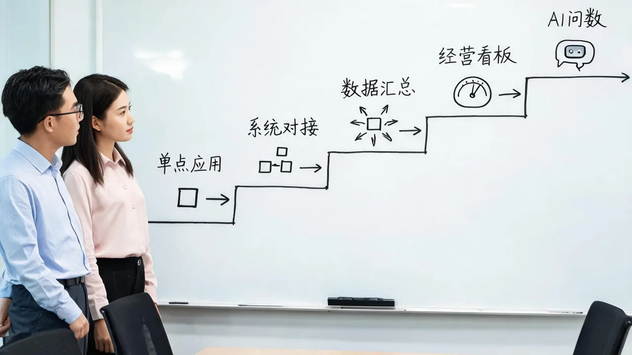 一张数字化落地路线图示意,从单点应用到AI问数五个阶段层层递进,办公室墙面白板风格