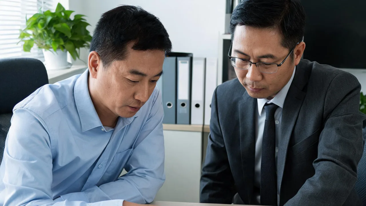 老板和顾问坐在办公桌两侧核对一份项目清单,自然光,办公室场景