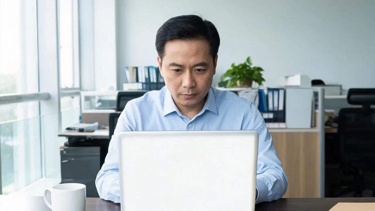 老板在办公室桌前对着笔记本电脑算一笔投入账,自然光,神情专注