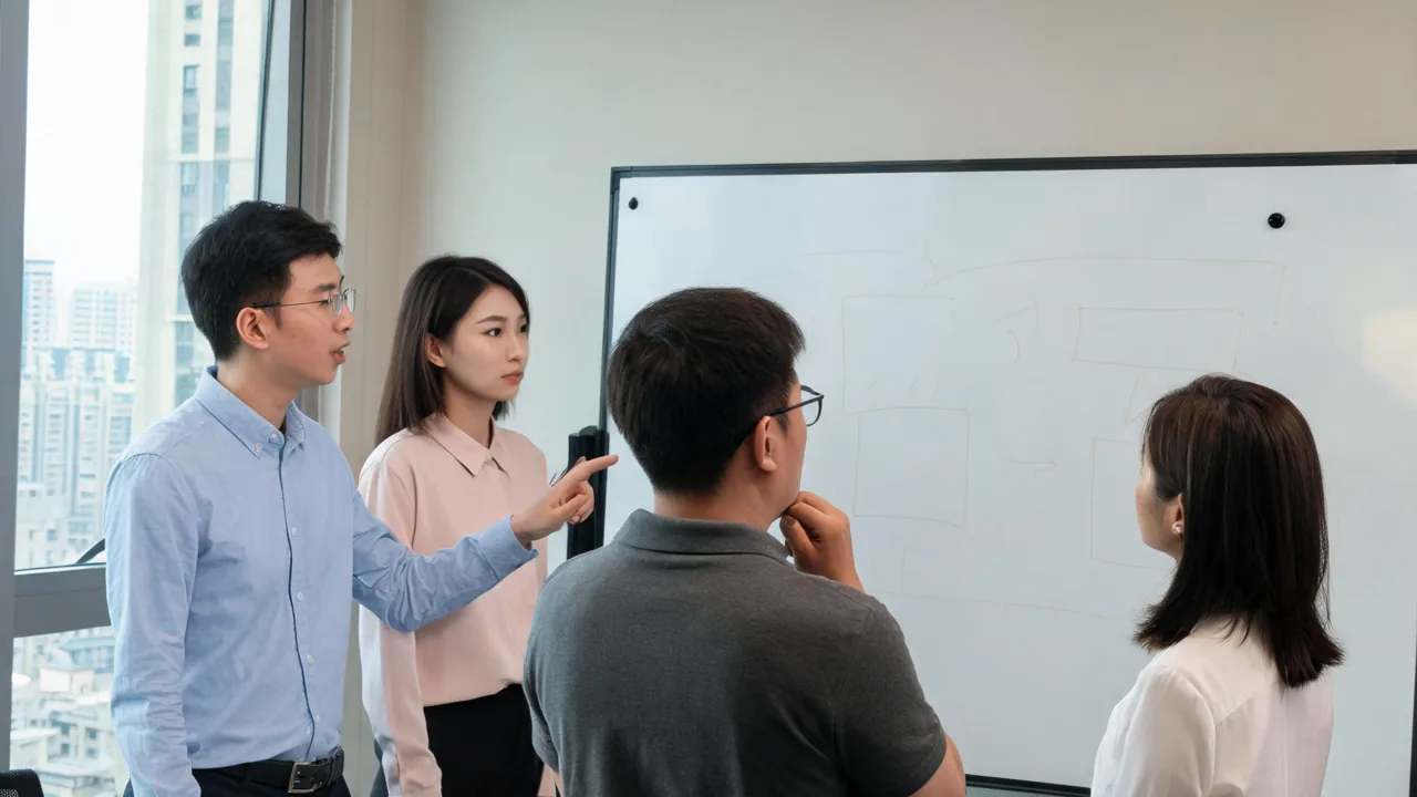团队成员在会议室白板前讨论系统对接方案,自然光,亚洲面孔