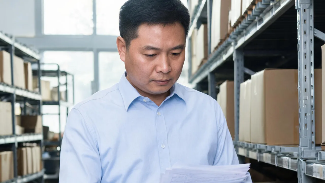 中小企业老板在仓库里对着货架核对库存单据