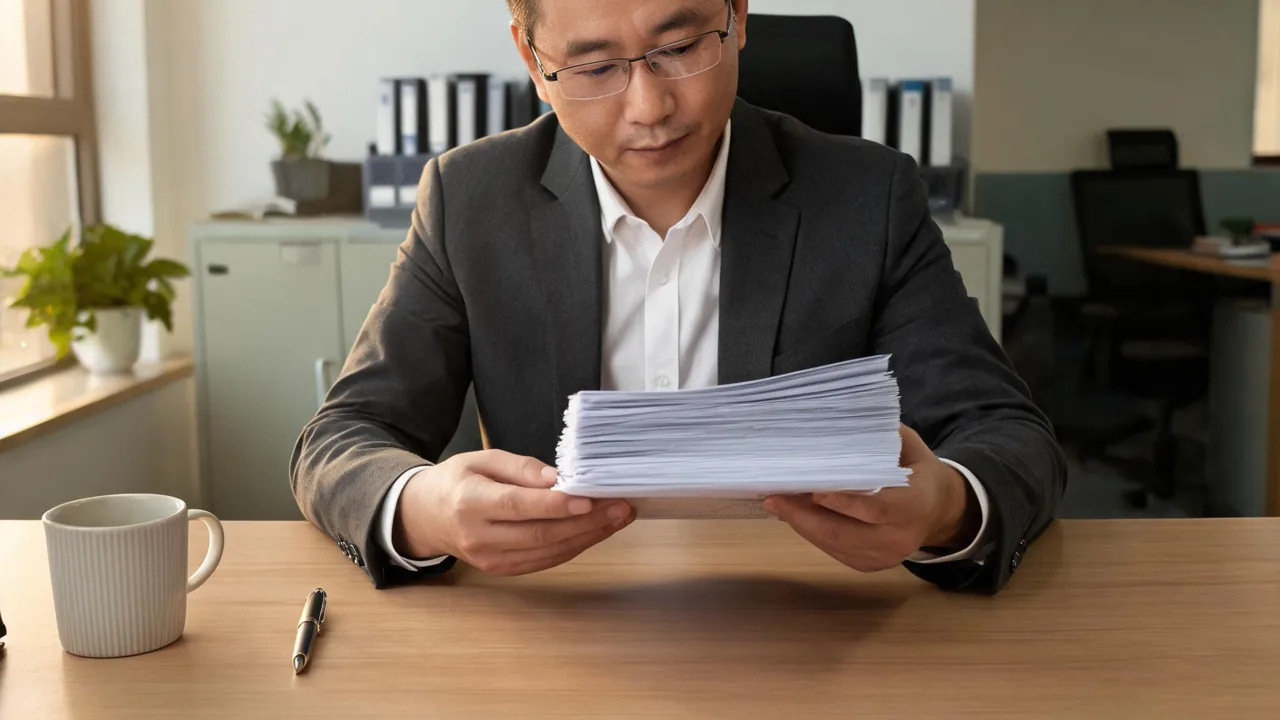 老板在办公室翻看 ERP 续费合同和成本明细的场景