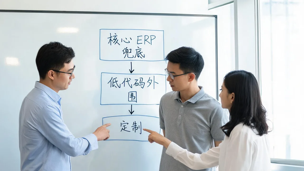 团队在白板前梳理业务流程与系统分层的讨论场景