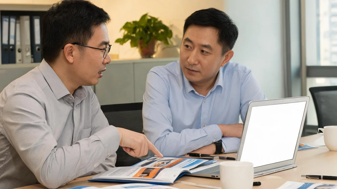 两位中小企业老板在办公室里对着 ERP 方案资料讨论选型